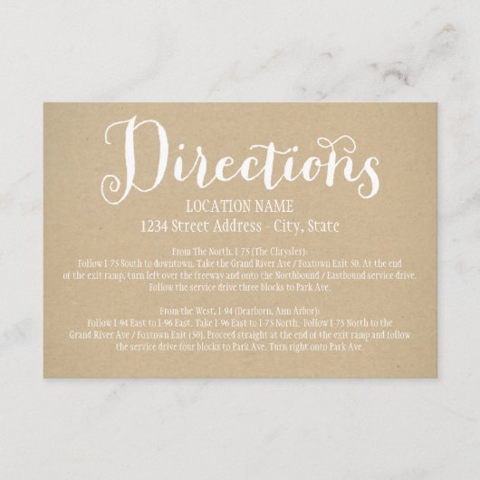Carte D'accompagnement Directions de mariage Kraft rustique blanc Script (Devant)