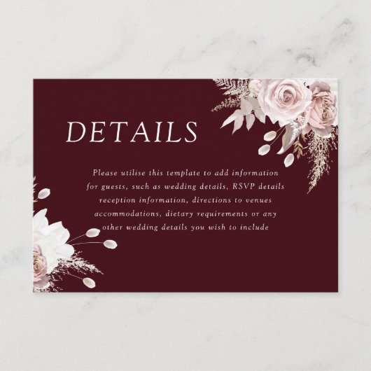 Carte D'accompagnement Divine Blush Floral Deep Burgundy Wedding Details (Devant)
