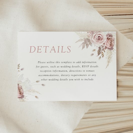 Carte D'accompagnement Divine Dusty Rose Blush Floral Détails du Mariage