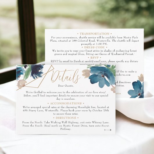 Carte D'accompagnement Doré bleu foncé Floral Aquarelle détails mariage