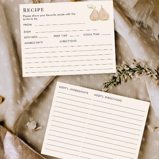 Carte D'accompagnement Double Sided Pear Fruit Theme Recipe Bridal Shower