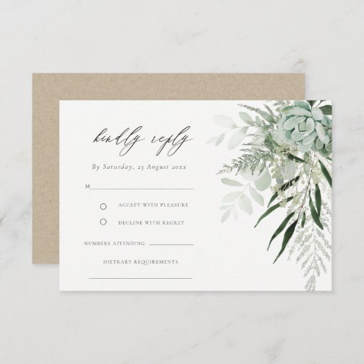 Carte D'accompagnement Dusky Green Leafy Fern Mariage Succulent RSVP Diet (Devant / Derrière)