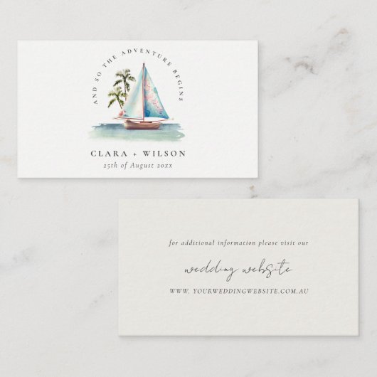Carte D'accompagnement Dusky Turquoise Sailboat Palm Seascape Mariage sit (Devant / Derrière)