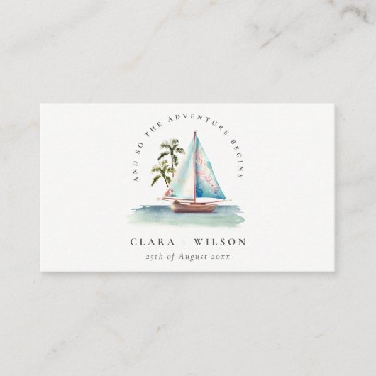 Carte D'accompagnement Dusky Turquoise Sailboat Palm Seascape Mariage sit (Devant)