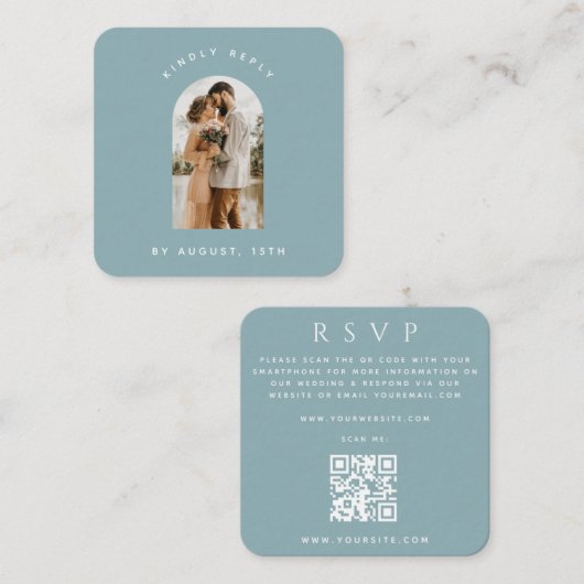 Carte D'accompagnement Dusty Blue Arch Photo QR Code Mariage en ligne RSV (Devant / Derrière)