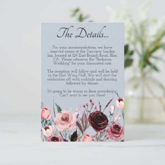 Carte D'accompagnement Dusty Blue Botanical Elegant Wedding Details Card (Debout devant)