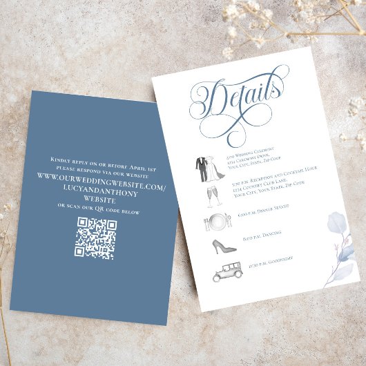 Carte D'accompagnement Dusty Blue Calligraphy QR Code Wedding Details