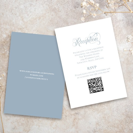 Carte D'accompagnement Dusty Blue Calligraphy Wedding QR Code RSVP