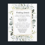 Carte D'accompagnement Dusty Blue et or Elegant Rustic Floral Mariage<br><div class="desc">Le design se compose d'un cadre géométrique imprimé en or élégant sur le devant avec des eucalyptus et des feuilles de verdure fleurie dans les tons vert, bleu poussiéreux, gris et plus. L'arrière est muni d'un arrière - plan texturé à l'aquarelle bleu-gris poussiéreux avec un élément de branche feuille correspondant....</div>