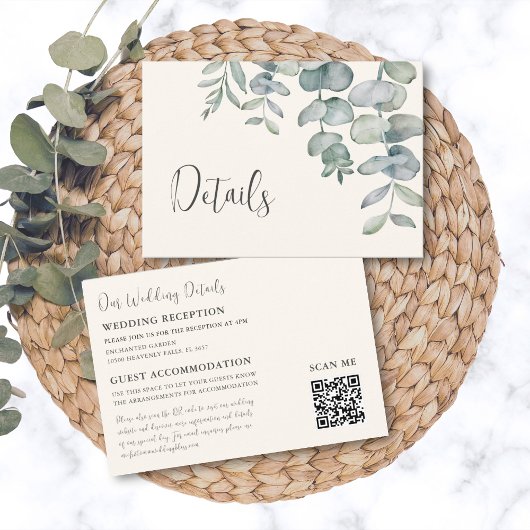 Carte D'accompagnement Dusty Blue Eucalyptus QR Code Détails du Mariage