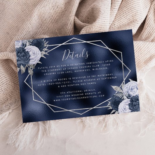 Carte D'accompagnement Dusty Blue Floral Silver Navy Foil Détails du Mari