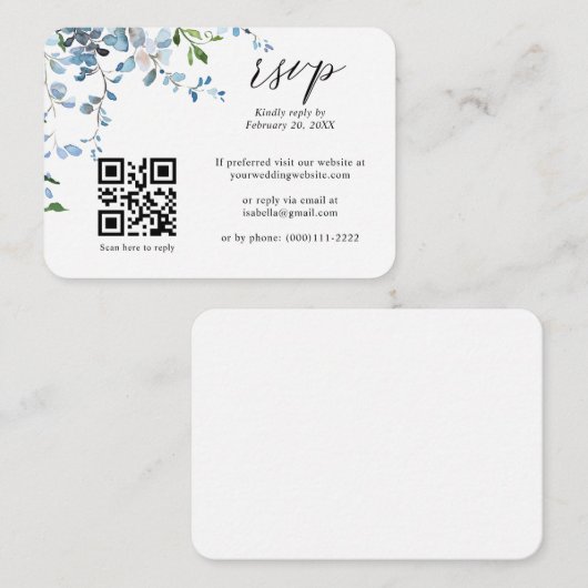Carte D'accompagnement Dusty Blue Floral Wisteria QR Code Mariage RSVP (Devant / Derrière)