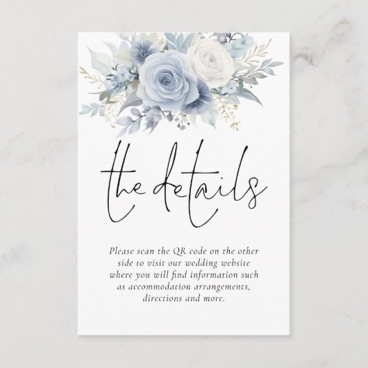 Carte D'accompagnement Dusty Blue Florals QR Code Détails du Mariage (Devant)