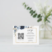 Carte D'accompagnement Dusty Blue Gold Navy Floral QR Code Mariage RSVP (Debout devant)