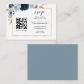 Carte D'accompagnement Dusty Blue Gold Navy Floral QR Code Mariage RSVP (Devant / Derrière)