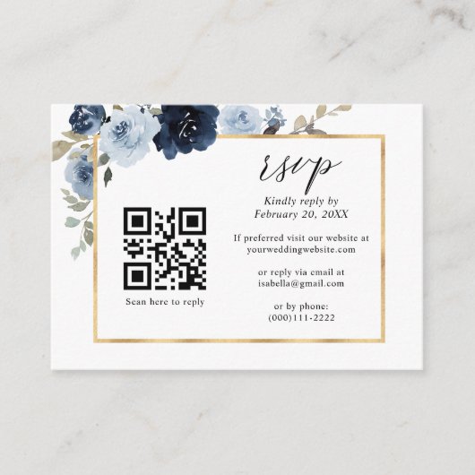 Carte D'accompagnement Dusty Blue Gold Navy Floral QR Code Mariage RSVP (Devant)