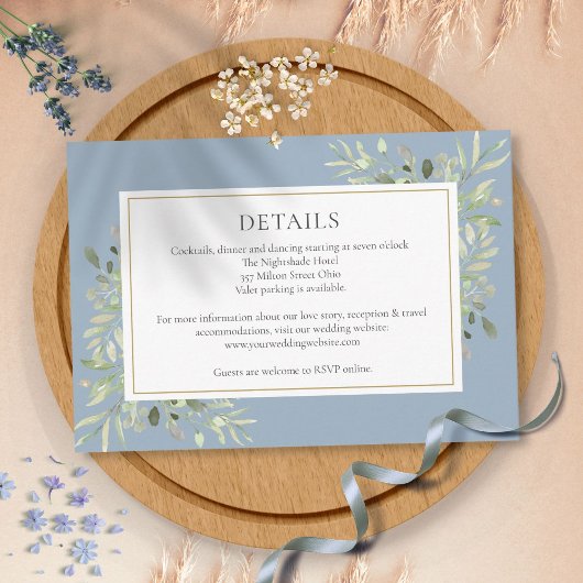 Carte D'accompagnement Dusty Blue Greenery Floral Détails du Mariage
