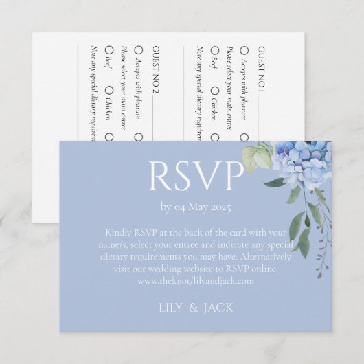 Carte D'accompagnement Dusty Blue Hydrangea 2 Mariage invité RSVP (Devant / Derrière)