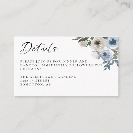 Carte D'accompagnement Dusty Blue Mariage Floral Détails Réception Script (Devant)