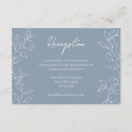 Carte D'accompagnement Dusty Blue Minimal Leaf Mariage Réception (Devant)
