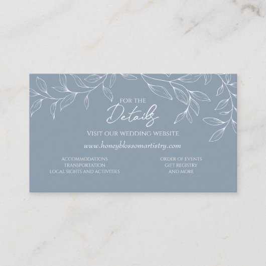 Carte D'accompagnement Dusty Blue Minimal Leaf Mariage Website QR Code (Devant)