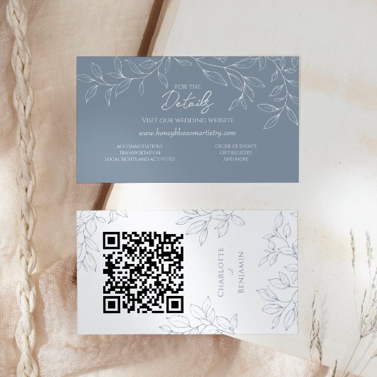 Carte D'accompagnement Dusty Blue Minimal Leaf Mariage Website QR Code