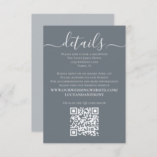 Carte D'accompagnement Dusty Blue Minimalist QR Code Calligraphie Détails (Devant / Derrière)