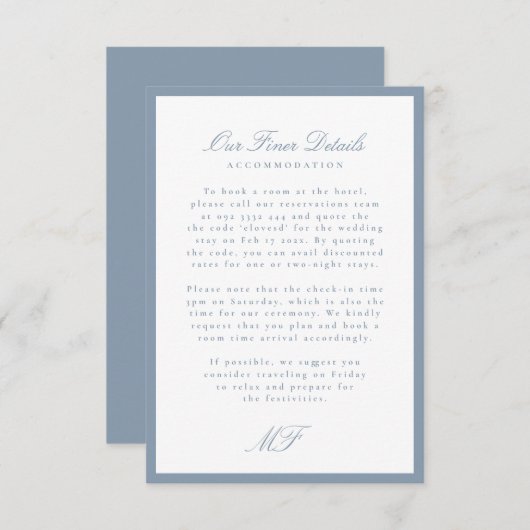 Carte D'accompagnement Dusty Blue Monogram Classic Mariage Détails Info (Devant / Derrière)