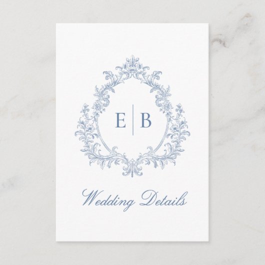 Carte D'accompagnement Dusty Blue Monogram Crest Détails du Mariage QR co (Devant)