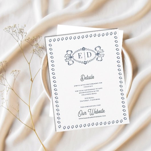 Carte D'accompagnement Dusty Blue Monogram Crest Wedding Details