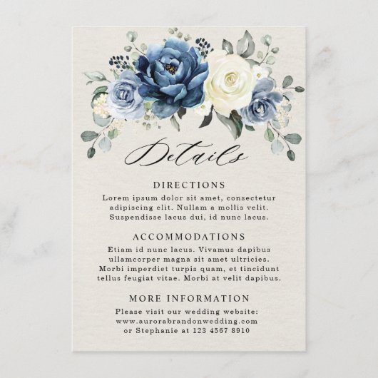 Carte D'accompagnement Dusty Blue Navy Champagne Ivory Détails de Mariage (Devant)