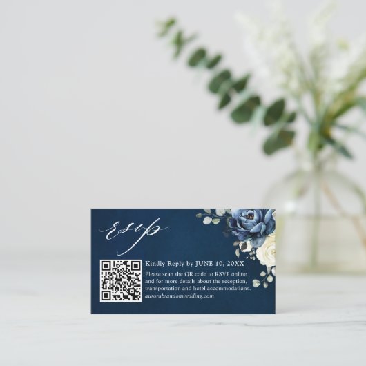 Carte D'accompagnement Dusty Blue Navy Champagne Ivory QR code RSVP Enclo (Debout devant)