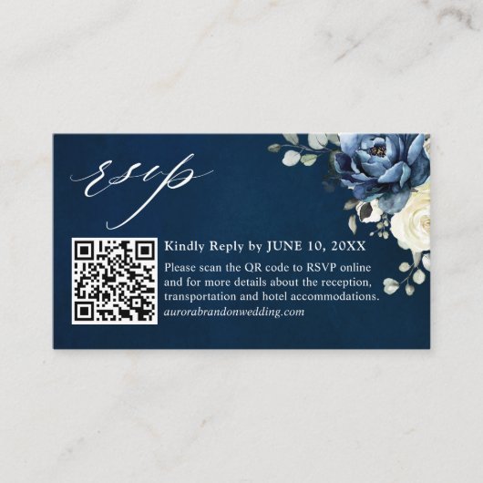 Carte D'accompagnement Dusty Blue Navy Champagne Ivory QR code RSVP Enclo (Devant)