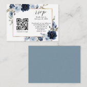 Carte D'accompagnement Dusty Blue Navy Gold Floral QR Code Mariage RSVP (Devant / Derrière)