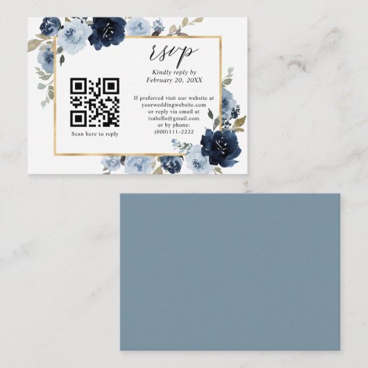 Carte D'accompagnement Dusty Blue Navy Gold Floral QR Code Mariage RSVP (Devant / Derrière)