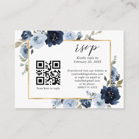 Carte D'accompagnement Dusty Blue Navy Gold Floral QR Code Mariage RSVP (Devant)