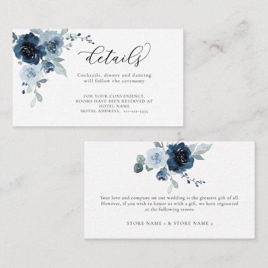 Carte D'accompagnement Dusty Blue Navy Pastel Floral Détails du Mariage (Devant / Derrière)
