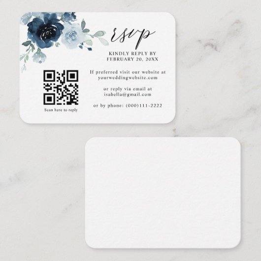Carte D'accompagnement Dusty Blue Navy Pastel Floral QR Code Mariage RSVP (Devant / Derrière)