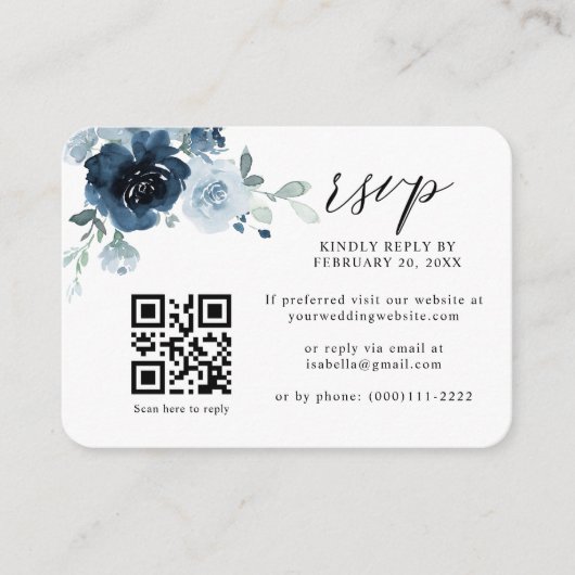 Carte D'accompagnement Dusty Blue Navy Pastel Floral QR Code Mariage RSVP (Devant)