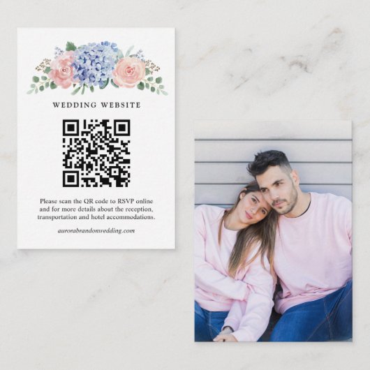 Carte D'accompagnement Dusty Blue Pastel Pink hydrangeas Mariage QR Code (Devant / Derrière)