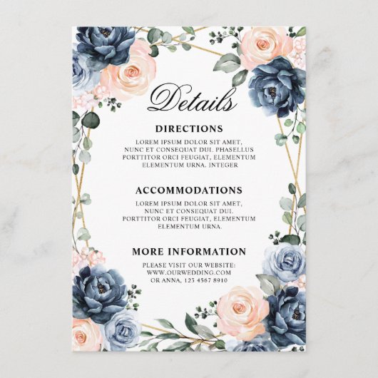 Carte D'accompagnement Dusty Blue Peach Blush Détails de mariage géométri (Devant)