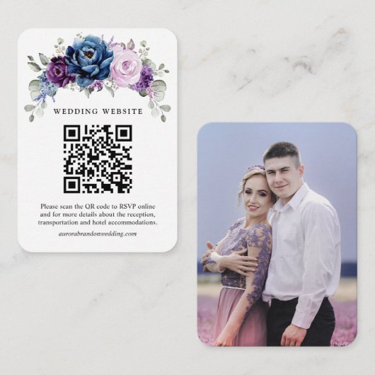 Carte D'accompagnement Dusty Blue Purple Navy Lilac Bloom Mariage QR Code (Devant / Derrière)
