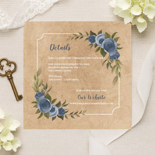 Carte D'accompagnement Dusty Blue Rose Rustic Kraft Détails du Mariage