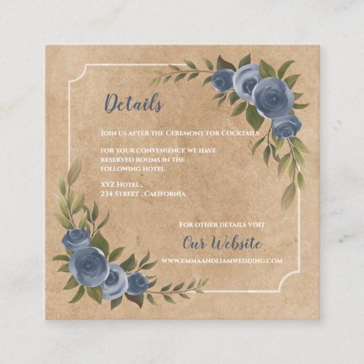 Carte D'accompagnement Dusty Blue Rose Rustic Kraft Détails du Mariage (Devant)