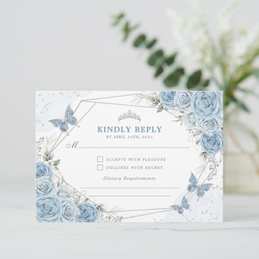 Carte D'accompagnement Dusty Blue Silver Quinceanera 15e anniversaire RSV (Debout devant)