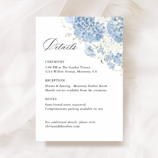 Carte D'accompagnement Dusty Blue White Floral Wedding Details, Info