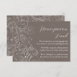 Carte D'accompagnement Dusty Brown élégant Floral Mariage Honeymoon Fund<br><div class="desc">Cette élégante carte d'enceinte de fonds pour lune de miel de mariage présente un design floral délicat avec des fleurs, des oiseaux et des feuilles sur un arrière - plan gris brun poussiéreux. Le texte combine écriture manuscrite et polices serif pour un look élégant et moderne. Parfait pour un mariage...</div>