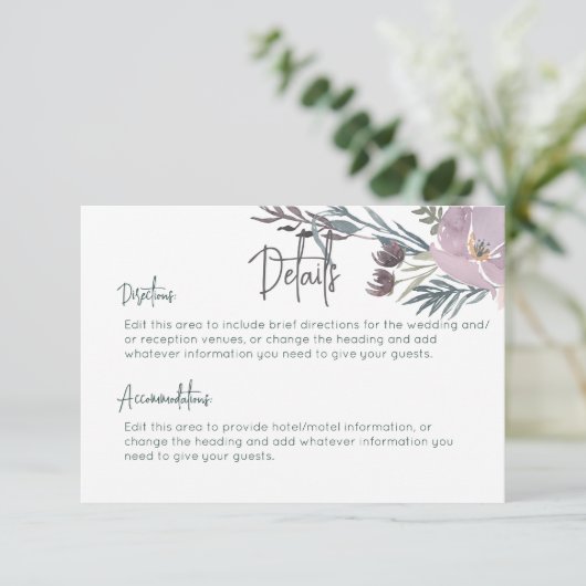 Carte D'accompagnement Dusty Purple & Blue Boho Détails Floral Mariage (Debout devant)