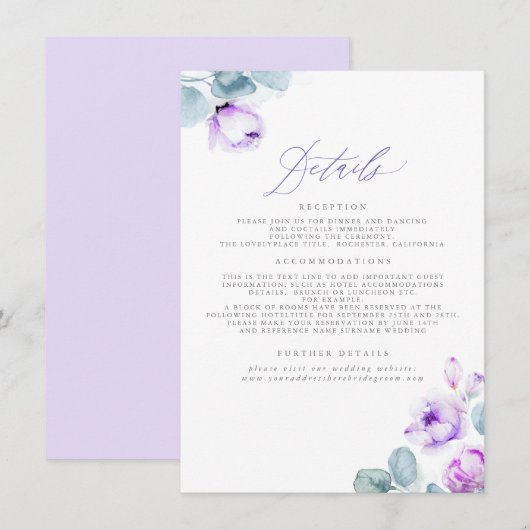Carte D'accompagnement Dusty Purple Floral Détails du Mariage (Devant / Derrière)
