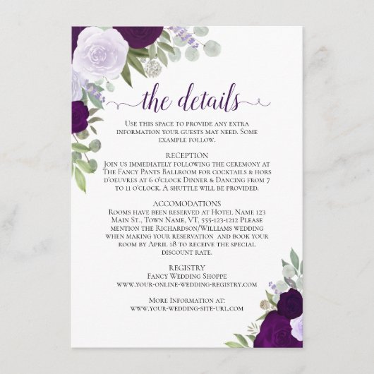 Carte D'accompagnement Dusty Purple & Plum Rose Rustic Mariage Détails (Devant)